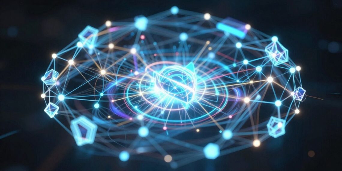 Abstract neural network with glowing nodes and energy flows.