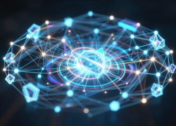 Abstract neural network with glowing nodes and energy flows.