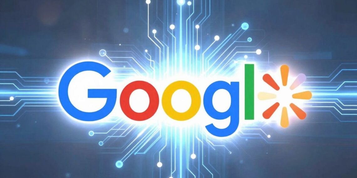 Walmart and Google logos merging with AI elements.