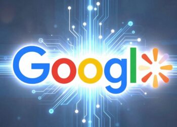 Walmart and Google logos merging with AI elements.