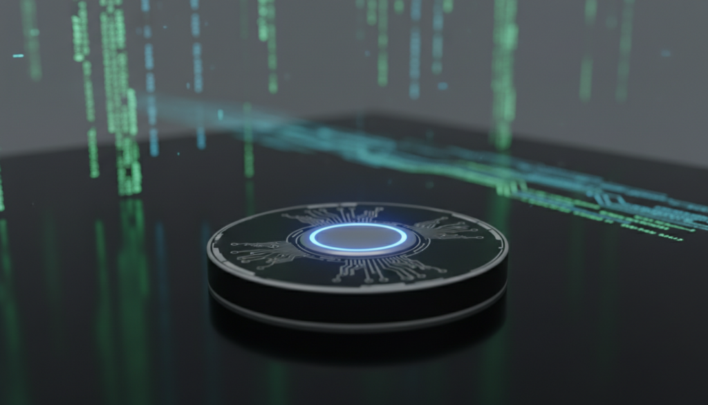 A close-up view of a modern, sleek kill switch device designed for digital privacy, set against a smooth, dark surface. The foreground features the button of the kill switch, illuminated with a cool blue glow, suggesting activation and security. In the middle ground, subtle circuit patterns in light gray subtly hint at advanced technology, emphasizing cyber protection. The background features a blurred digital landscape, with faint lines of code and abstract data streams, creating a sense of the virtual realm. The lighting is soft yet focused, enhancing the device's features, while the overall atmosphere conveys a sense of urgency and importance in cybersecurity. The image is professional and clean, without any distractions.