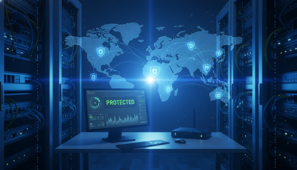 A conceptual digital illustration showcasing the theme of DNS leak protection in a secure virtual environment. In the foreground, visualize an illuminated, intricate server room filled with network cables and glowing routers, symbolizing robust internet infrastructure. The middle layer features a computer screen displaying a DNS leak test interface with graphs and data analytics, emphasizing technical reliability. In the background, depict a digital world map with secure lines connecting various global locations, conveying the essence of network security and data privacy. Use cool blue lighting for a high-tech atmosphere, with a slight lens flare effect to create depth. The overall mood should evoke professionalism and trust in cybersecurity solutions.