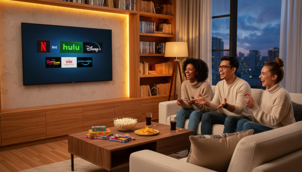 A cozy living room scene with a sleek flat-screen TV showcasing popular streaming service logos like Netflix, Hulu, Disney+, and Prime Video on the screen. In the foreground, a diverse group of three friends, dressed in casual yet tidy attire, sit on a comfortable sofa, engaged and excited as they watch the show. The middle ground features a stylish coffee table with popcorn, snacks, and drinks. In the background, soft ambient lighting casts a warm glow, enhancing the inviting atmosphere. A shelf filled with DVDs and books adds detail, while a window reveals a dusky sky, suggesting evening relaxation. The overall mood is vibrant and dynamic, illustrating the joy of streaming entertainment.