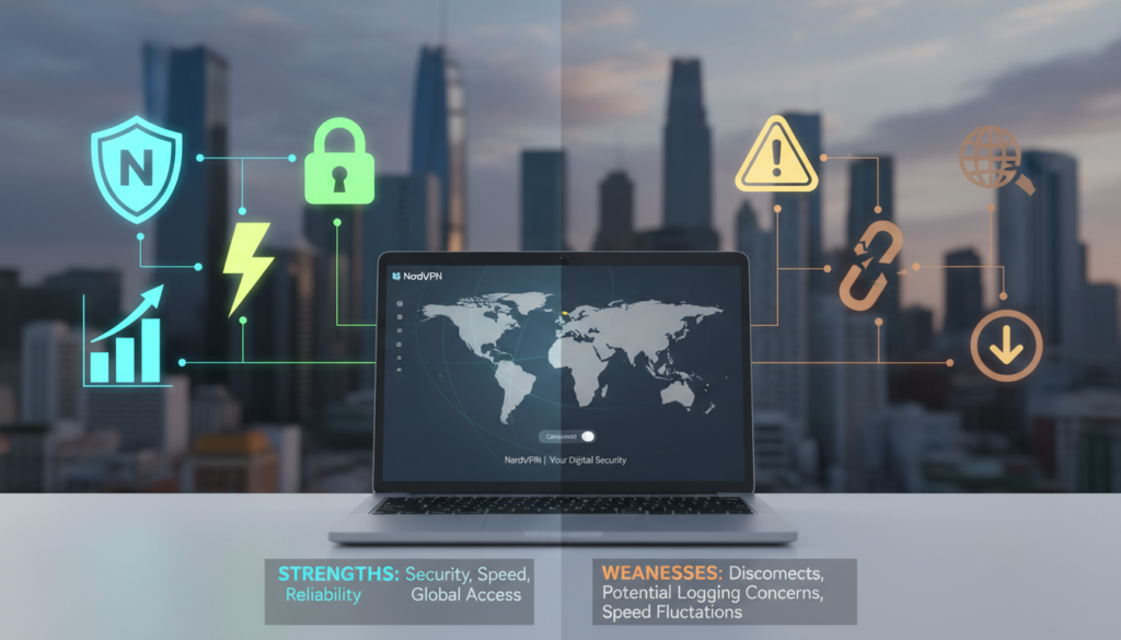 A digital illustration comparing the strengths and weaknesses of NordVPN. In the foreground, showcase two contrasting halves: one side displays vibrantly colored symbols of security and speed, such as a shield, padlock, and lightning bolt, visually suggesting strengths. The other side incorporates muted tones with icons like a caution sign and a broken chain, indicating weaknesses. In the middle ground, place a sleek, modern laptop showing NordVPN's interface, with a blurred view of a cityscape in the background, symbolizing a connection to the internet. The lighting should be bright and focused on the laptop, casting subtle shadows for depth. The mood reflects a blend of optimism and caution, inviting viewers to consider both aspects of the VPN service.