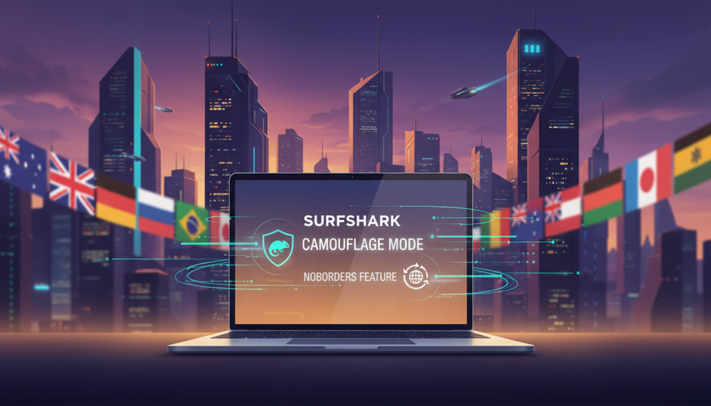 A digital illustration featuring a sleek, modern computer interface showcasing Surfshark's “Camouflage Mode” and “NoBorders Feature.” In the foreground, there is a stylized laptop with dynamic visual effects, representing encrypted data streams and seamless connectivity. The middle layer includes various country flags subtly fading into the background, symbolizing global access without restrictions. The background should feature a futuristic city skyline at dusk, with glowing lights and a sense of digital sophistication. The lighting is warm and inviting, highlighting the laptop and creating a contrast with the cool colors of the cityscape. The overall atmosphere conveys empowerment and security, emphasizing privacy and freedom while browsing the internet.
