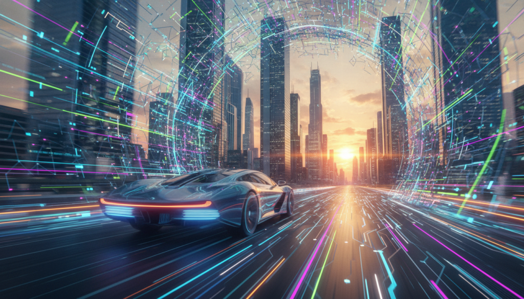 A dynamic and vibrant scene depicting the concept of speed in a digital landscape. In the foreground, a sleek, futuristic car blurs as it races forward, symbolizing rapid movement with motion streaks. In the middle ground, abstract representations of data streams and network connections flow, showcasing high-speed internet performance with glowing lines and nodes in vivid shades of blue and green. The background features a modern cityscape with soaring skyscrapers, partially illuminated by a sunset, casting an energetic glow over the scene. The atmosphere is charged with excitement, reflecting high performance and efficiency. Utilize a wide-angle lens effect to accentuate the sense of speed, ensuring bright, sharp lighting highlights the key elements without distraction. The image should be safe for work, capturing the essence of speed and performance effectively.
