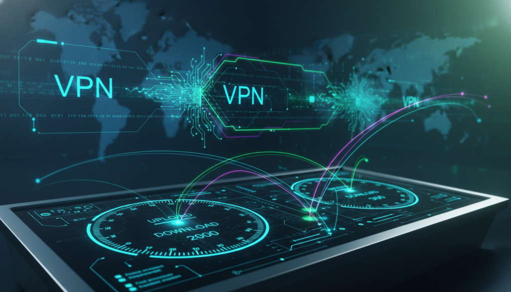 A dynamic digital landscape illustrating the concept of "speeds and connection" in relation to VPN technology. In the foreground, visualize a sleek, futuristic network interface with glowing speedometer dials showing varying upload and download speeds, complemented by smooth connectivity lines radiating outward. The middle ground features abstract representations of VPN protocols visualized as vibrant data streams, with circuit patterns and binary code subtly integrated, enhancing the tech vibe. In the background, a subtle world map highlighted with digital nodes represents global connectivity, illuminated by soft blue and green hues. Utilize dramatic lighting to create depth, and a moderate angle to provide a sense of immersion, invoking an advanced, high-tech atmosphere fitting for the modern digital age.