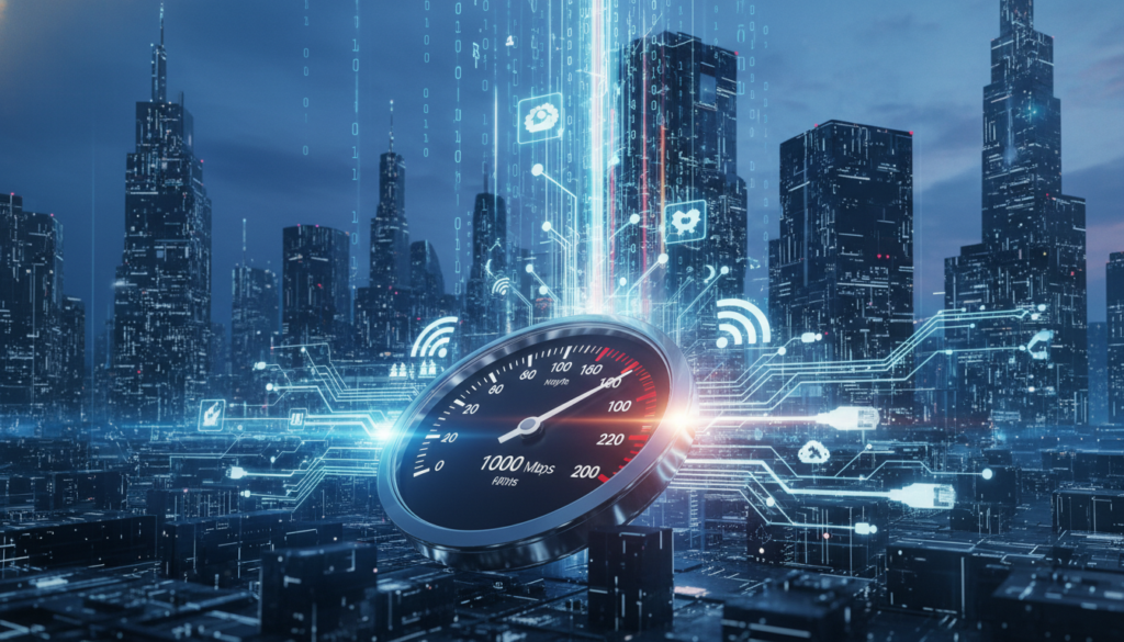 A dynamic illustration representing "download speed" as a futuristic digital landscape. In the foreground, a sleek, illuminated speedometer displaying high download rates, surrounded by vibrant, glowing data streams and symbols of internet connectivity, such as Wi-Fi signals and cables. In the middle, flowing lines of light that signify fast data transfer, merging seamlessly with a backdrop of skyscrapers made of circuit patterns, emphasizing technology and speed. The background showcases a twilight city skyline, bathed in a blue and purple hue, suggesting innovation and a high-tech atmosphere. Bright, focused lighting highlights the speedometer while softer ambient lighting enhances the cityscape, creating a sense of urgency and excitement. The overall mood conveys a sense of high performance and advanced technology.