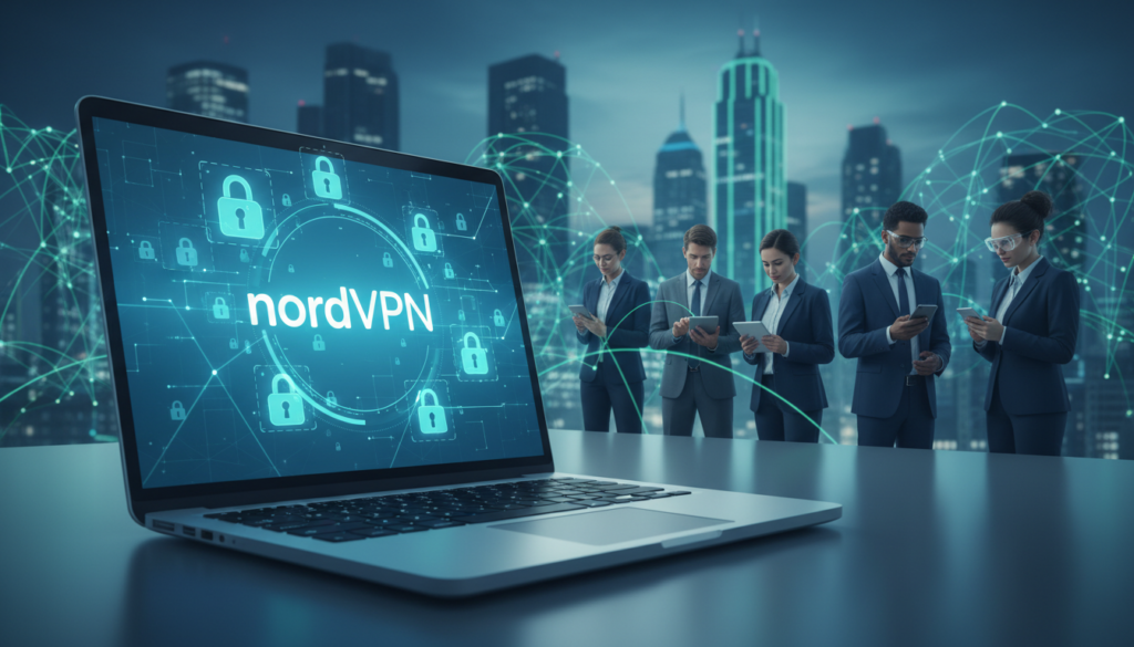 A highly detailed digital illustration of a secure digital environment representing NordVPN's security features. In the foreground, a sleek laptop screen displays a vibrant NordVPN logo, surrounded by glowing lock icons symbolizing encryption and security. In the middle layer, a diverse group of professionals in business attire are engaged with various digital devices, showcasing the importance of online privacy. The background features a stylized city skyline at dusk, with a network of interconnected lines symbolizing the internet, all bathed in a cool blue and green color palette to evoke a sense of safety and technology. Soft, ambient lighting highlights the scene, giving it a modern and sophisticated atmosphere, with a slight focus blur on the background to elevate the foreground subject.