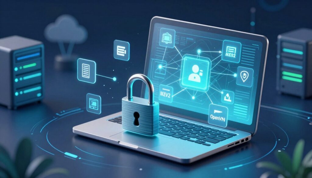 A modern and sleek digital illustration showcasing VPN security features and encryption standards. In the foreground, depict a high-tech padlock symbolizing security, surrounded by floating icons representing various encryption types like AES, IKEv2, and OpenVPN. The middle layer should feature a stylized, semi-transparent laptop displaying a glowing network diagram, with lines connecting different devices to emphasize connectivity and protection. In the background, create a subtle digital landscape of cloud servers and abstract data streams, softly illuminated by blue and green lighting, conveying a sense of trust and innovation. Use a slightly angled perspective to enhance depth, fostering a futuristic and secure atmosphere.
