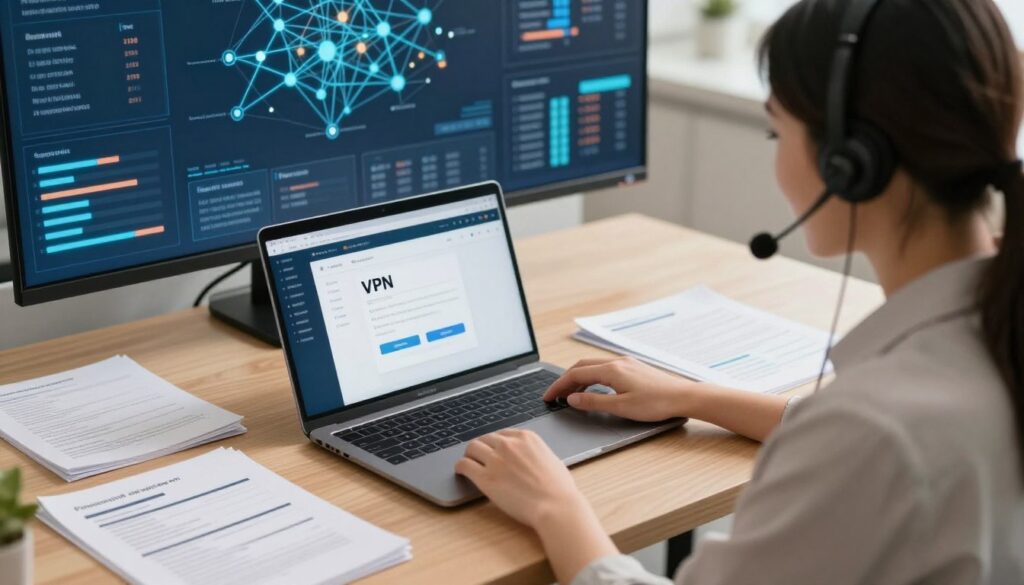 A modern customer support scene focused on VPN assistance. In the foreground, a professional customer support representative in smart casual attire, attentively engaged with a headset, conveying a friendly demeanor. The middle layer features a sleek laptop displaying VPN software, surrounded by neatly organized support materials such as user manuals and troubleshooting guides. In the background, a digital screen showcases visual data analytics and network maps, illuminated by soft, warm lighting to create an inviting atmosphere. The overall mood is supportive and responsive, evoking a sense of trust and reliability, with a slight blur to maintain focus on the customer support interaction. The angle is slightly elevated to capture both the representative and the technology in use effectively.