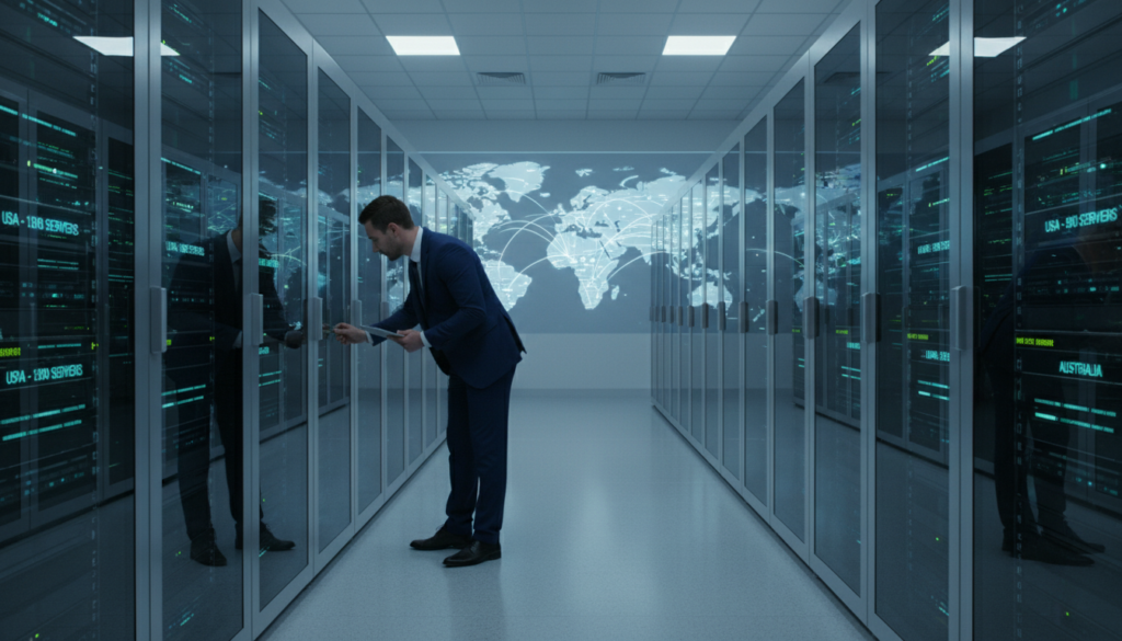 A modern data center filled with rows of sleek, high-tech servers, each illuminated by soft blue and green LED lights. In the foreground, a technician in professional business attire is working on one of the server racks, representing the human element of technology. The middle ground showcases a variety of servers stacked in organized aisles, with labels indicating different countries and server counts. In the background, a large digital map displays the globe with pinpoint connections to various locations, symbolizing a vast network. The scene is well-lit with a cool, professional ambiance, emphasizing efficiency and connectivity, captured with a slight wide-angle perspective to highlight the scale of the server array. A modern data center filled with rows of sleek, high-tech servers, each illuminated by soft blue and green LED lights. In the foreground, a technician in professional business attire is working on one of the server racks, representing the human element of technology. The middle ground showcases a variety of servers stacked in organized aisles, with labels indicating different countries and server counts. In the background, a large digital map displays the globe with pinpoint connections to various locations, symbolizing a vast network. The scene is well-lit with a cool, professional ambiance, emphasizing efficiency and connectivity, captured with a slight wide-angle perspective to highlight the scale of the server array.