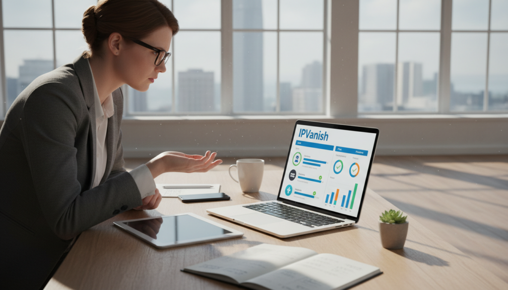 A modern digital workspace showcasing a VPN comparison. In the foreground, a sleek laptop displaying a detailed comparison chart between IPVanish and other top VPN services, featuring icons and colorful graphs. To the left, a professional-looking person in business attire, intently analyzing the data on the screen. In the middle, a stylish desk cluttered with tech gadgets like a smartphone, a tablet, and a notepad filled with notes. The background consists of a bright office with soft natural lighting filtering through large windows, casting gentle shadows. The mood is focused and informative, emphasizing a tech-savvy atmosphere with an air of professionalism.