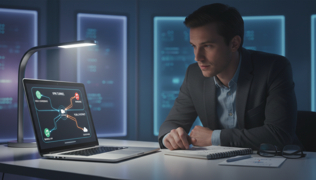 A modern digital workspace showcasing the concept of "split tunneling and bypasser functionality" in a VPN context. In the foreground, a sleek laptop displays a vibrant network diagram illustrating split tunneling pathways, with bright lines indicating which applications use the VPN and which connect directly to the internet. In the middle, a professional in smart casual attire examines the laptop, thoughtfully analyzing the connections, while a notepad filled with sketches and notes is beside them. The background features a dimly lit, tech-inspired office with a soft glowing light illuminating the laptop screen, creating a focused, innovative atmosphere. The overall mood is one of exploration and technological enlightenment, emphasizing the control and flexibility provided by split tunneling technology.