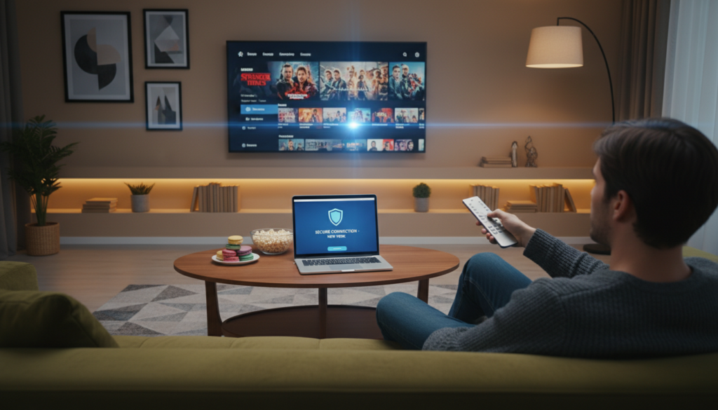 A modern living room setting with a sleek, flat-screen television displaying a vibrant streaming interface, showcasing various popular shows and movies. In the foreground, a person in smart casual attire is comfortably seated on a stylish couch, holding a remote control, immersed in the streaming experience. The middle ground features a wooden coffee table with snacks and a laptop opened to a VPN app, emphasizing the technology used for secure streaming. The background shows a tastefully decorated room with soft, ambient lighting creating a cozy and inviting atmosphere. A slight lens flare from the TV screen adds an engaging touch, evoking a sense of excitement and convenience in streaming performance.