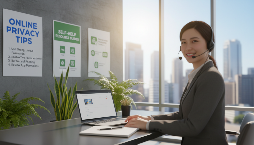 A modern office scene illustrating customer support and self-help resources. In the foreground, a friendly customer service representative in professional attire, wearing a headset and smiling, sits at a sleek desk with a laptop and a notepad. In the middle, a wall displays clear posters of online privacy tips and self-help resource guides, surrounded by plants for a welcoming touch. In the background, a large window reveals a sunny cityscape, allowing natural light to illuminate the scene. Warm, bright lighting enhances the inviting atmosphere, while a slightly blurred focus on the representative emphasizes their approachable demeanor. This image conveys a supportive, professional environment dedicated to assisting customers. A modern office scene illustrating customer support and self-help resources. In the foreground, a friendly customer service representative in professional attire, wearing a headset and smiling, sits at a sleek desk with a laptop and a notepad. In the middle, a wall displays clear posters of online privacy tips and self-help resource guides, surrounded by plants for a welcoming touch. In the background, a large window reveals a sunny cityscape, allowing natural light to illuminate the scene. Warm, bright lighting enhances the inviting atmosphere, while a slightly blurred focus on the representative emphasizes their approachable demeanor. This image conveys a supportive, professional environment dedicated to assisting customers.