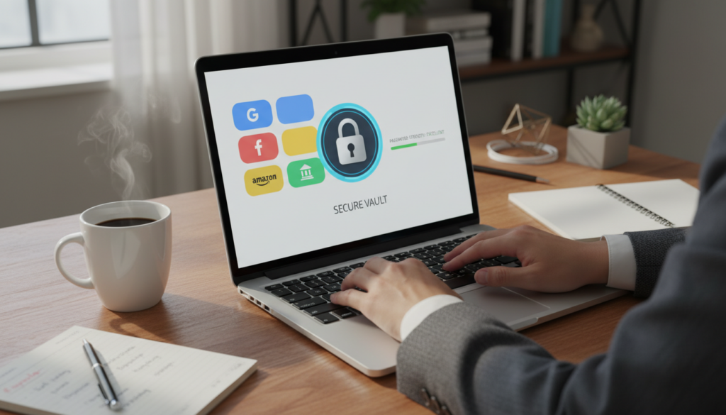 A modern password manager interface displayed on a sleek laptop on a wooden desk, with a focus on the user-friendly dashboard showing colorful icons and a digital lock symbol, symbolizing security. In the foreground, a pair of hands poised above the keyboard, dressed in professional attire, embodying a focused and diligent user. The middle ground features a coffee cup and a notepad with cybersecurity notes, indicating a productive work environment. Soft, natural light filters through a nearby window, creating a warm, inviting atmosphere. In the background, blurred shelves lined with technology books and gadgets suggest a tech-savvy setting. The overall mood conveys reliability and professionalism, suitable for showcasing a helpful bonus tool in managing passwords securely.