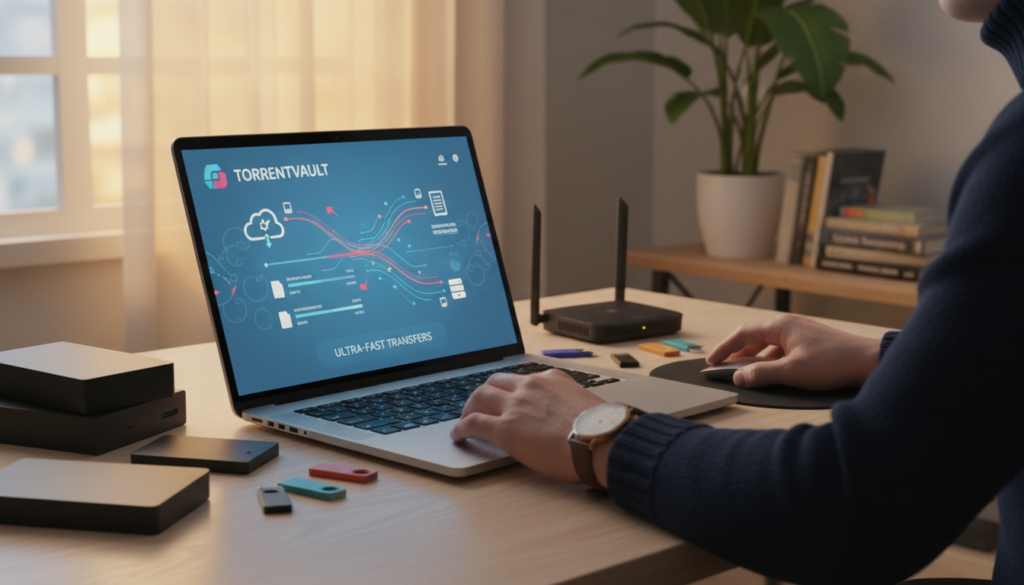 A modern, sleek laptop sits on a wooden desk, with a vibrant digital torrenting interface displayed on the screen, showing animated file transfers. In the foreground, a pair of professional hands, dressed in smart-casual attire, navigate through the interface. The middle layer features scattered external hard drives and USB sticks, symbolizing data storage and sharing. The background is softly blurred, revealing a cozy home office space with warm lighting, a potted plant, and a stack of tech-related books. The atmosphere conveys a sense of productivity and focused efficiency, illuminated by a soft glow from the laptop screen, casting reflections on the desk. The overall mood is inviting and professional, emphasizing the theme of safe and efficient torrenting practices.