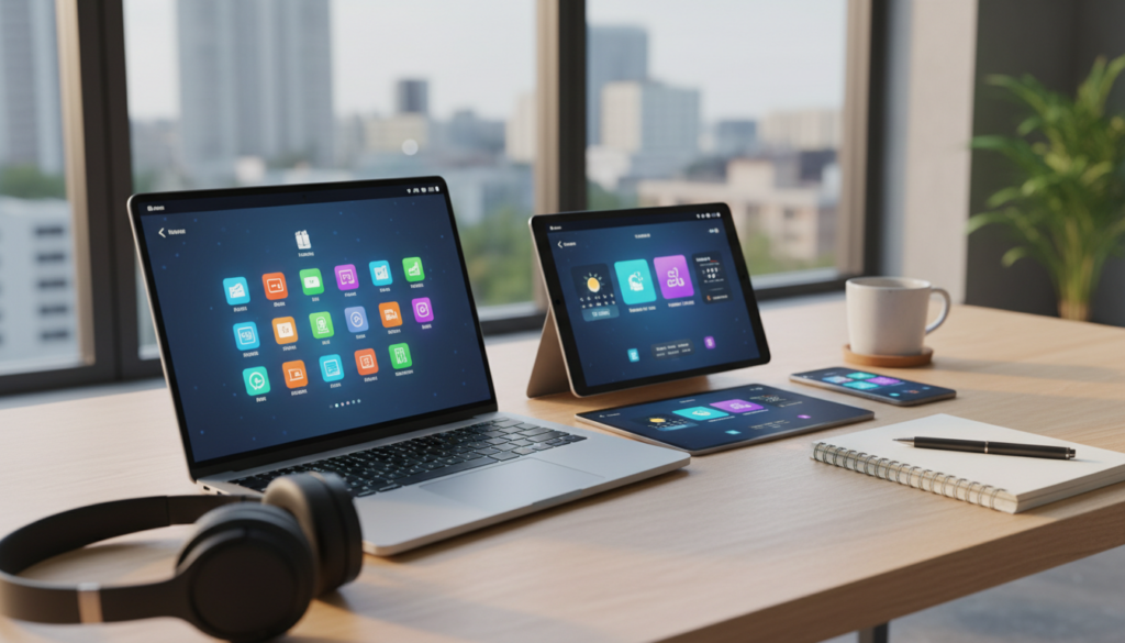 A modern workspace featuring various app-enabled devices, including a sleek laptop, a tablet, and a smartphone, all displaying vibrant user interfaces. In the foreground, the laptop is open with colorful app icons visible on the screen, while the tablet and smartphone rest beside it, exhibiting a cohesive design. In the middle, a stylish desk is cluttered with productivity tools such as wireless headphones and a notebook, suggesting active usage. The background showcases a softly lit room with large windows, allowing natural daylight to stream in, creating a warm and inviting atmosphere. The scene is captured from an angle that emphasizes the devices, ensuring a sense of connectivity and simultaneous use, with a professional yet relaxed mood.