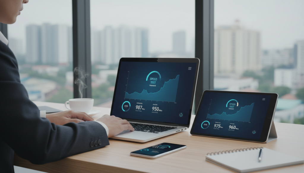 A modern workspace showcasing a high-tech speed test in progress on multiple devices, including a laptop, tablet, and smartphone, all featuring sleek designs. In the foreground, a person in professional attire is intently analyzing the results on the laptop screen, with graphs and metrics illustrating internet speed. The middle ground displays the other devices, each displaying different speed test results, surrounded by a clean desk with a notepad and a cup of coffee. The background features a large window letting in natural light, creating a bright and inviting atmosphere. Use soft, diffused lighting to enhance clarity and focus on the devices. The overall mood is professional and analytical, emphasizing technology and connectivity.