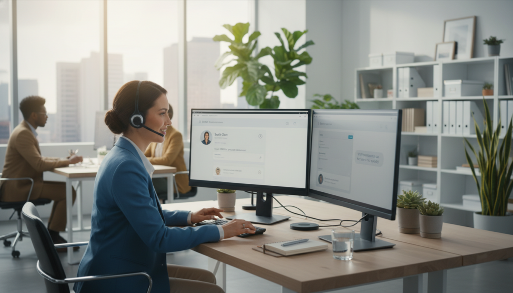 A professional customer support scenario depicting a customer service representative in a modern, well-lit office environment. In the foreground, the representative, dressed in business attire, is seated at a sleek desk, engaging with a customer over a headset, showing empathy and attentiveness. The middle of the scene includes digital screens displaying customer inquiries and a supportive chat interface, conveying an atmosphere of efficient communication. The background features a warm and inviting office space with soft, natural light filtering through large windows, plants for a touch of greenery, and shelves with organizational materials. The overall mood is friendly and reassuring, representing a positive customer support experience.