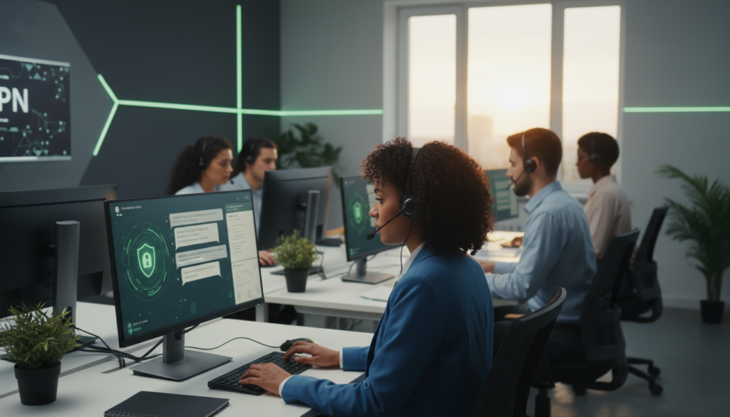 A professional customer support scene featuring a diverse group of support agents engaged in a live chat. In the foreground, a well-dressed agent focused on the screen, wearing a headset, with a look of concentration. In the middle, several screens displaying chat windows and customer queries related to VPN services, with VPN-related graphics subtly incorporated. The background shows an organized modern office environment, with soft, warm lighting creating a welcoming atmosphere. The room has a clean, tech-oriented design, with hints of green to symbolize security and privacy. The overall mood is supportive and efficient, conveying readiness to assist customers with their VPN needs. A professional customer support scene featuring a diverse group of support agents engaged in a live chat. In the foreground, a well-dressed agent focused on the screen, wearing a headset, with a look of concentration. In the middle, several screens displaying chat windows and customer queries related to VPN services, with VPN-related graphics subtly incorporated. The background shows an organized modern office environment, with soft, warm lighting creating a welcoming atmosphere. The room has a clean, tech-oriented design, with hints of green to symbolize security and privacy. The overall mood is supportive and efficient, conveying readiness to assist customers with their VPN needs.