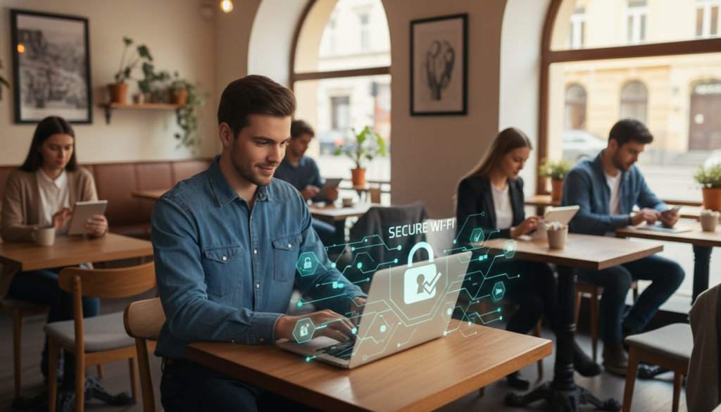A secure public Wi-Fi environment, featuring a stylish workspace in a modern café. In the foreground, a professional individual in smart casual attire is using a laptop, with a confident expression, while multiple visual security elements like a lock symbol and encrypted data flows subtly overlay the scene. The middle space shows other patrons engaged with their devices, maintaining a sense of normalcy amidst the theme of security. The background reveals a cozy and well-lit interior, with warm ambient lighting filtering through large windows. The angle is slightly overhead, capturing the vigilance of the individual and the surrounding atmosphere, conveying a sense of safety and advanced technology. The overall mood is one of calm assurance and privacy amid the hustle of public life.