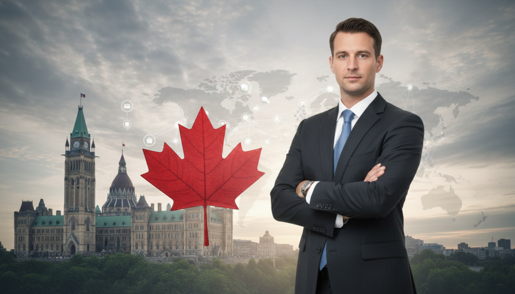 A serene and professional scene depicting jurisdiction, set in a stylized Canadian landscape. In the foreground, a confident business professional in a tailored suit stands with arms crossed, representing authority and governance. The middle ground features iconic Canadian symbols like a maple leaf and the Parliament buildings, subtly hinting at the country’s legal foundation. The background displays a cloudy sky suggesting a sense of vigilance, with stylized representations of the Five Eyes intelligence alliance, depicted as interconnected nodes. Soft, diffused lighting creates an atmosphere of clarity and seriousness, while a wide-angle perspective captures the expanse, emphasizing the importance of jurisdiction. Ideal for illustrating corporate accountability and international security themes. A serene and professional scene depicting jurisdiction, set in a stylized Canadian landscape. In the foreground, a confident business professional in a tailored suit stands with arms crossed, representing authority and governance. The middle ground features iconic Canadian symbols like a maple leaf and the Parliament buildings, subtly hinting at the country’s legal foundation. The background displays a cloudy sky suggesting a sense of vigilance, with stylized representations of the Five Eyes intelligence alliance, depicted as interconnected nodes. Soft, diffused lighting creates an atmosphere of clarity and seriousness, while a wide-angle perspective captures the expanse, emphasizing the importance of jurisdiction. Ideal for illustrating corporate accountability and international security themes.