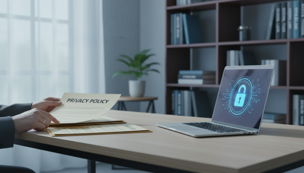 A serene office setting bathed in soft, natural light, focused on a modern desk displaying a neatly arranged stack of documents titled "Privacy Policy." In the foreground, a pair of professional hands is gently flipping through the pages, emphasizing the content. The middle ground features a sleek laptop with a digital lock symbol on the screen, indicating security. In the background, a blurred bookshelf filled with legal and technological books creates an environment of knowledge and authority. The mood is calm and serious, reflecting the importance of privacy and transparency in online services. The image captures the essence of privacy policies, logging stances, and independent audits in a visual narrative that is informative and engaging, without any text or distracting elements.