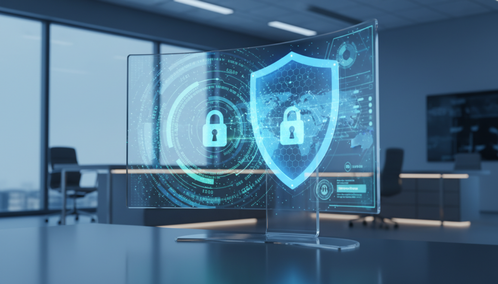 A sleek digital environment showcasing VPN security features. In the foreground, a high-tech computer screen displays a vibrant graphic of encrypted data streams, represented by locked padlocks and flowing code. The middle layer features abstract visuals of a shield symbolizing leak protection, with visual cues like a firewall and a network diagram illustrating secure connections. The background showcases a serene office setting illuminated by soft blue lighting, suggesting a safe workspace. The camera angle is slightly tilted to create dynamism, emphasizing the technological atmosphere. The mood is focused and professional, conveying trust and security in digital communication. No humans are present in the image, ensuring a clean, modern representation of VPN security technology.