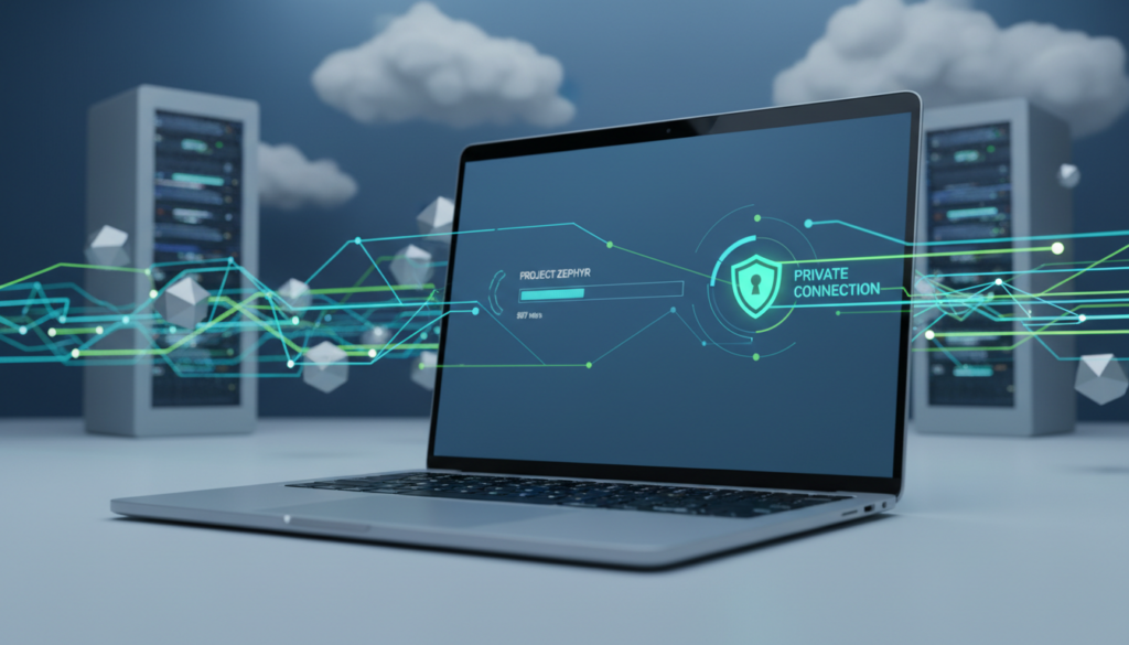 A sleek digital landscape depicting the concept of torrenting with a focus on privacy and speed. In the foreground, a modern laptop with a glowing screen shows a torrenting interface, while a secure lock icon symbolizes privacy. In the middle, stylized data streams in vibrant blue and green hues flow seamlessly between nodes, representing peer-to-peer connections. The background features abstract representations of servers and clouds, bathed in soft, ambient lighting to create a tech-savvy atmosphere. Use a shallow depth of field to draw attention to the laptop. The overall mood evokes innovation and security, reflecting a professional and trustworthy approach to online privacy.