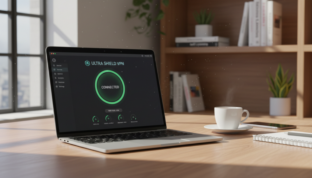 A sleek macOS app interface displayed prominently on a modern MacBook screen in a well-lit workspace. The foreground features a clear view of the app's user interface, showcasing elements such as a virtual private network (VPN) connection status, server selection, and usage statistics. The middle layer includes a stylish wooden desk with an elegant coffee cup, a notepad, and a smartphone, suggesting a productive environment. In the background, softly blurred shelves with tech books and plants provide a calming ambiance. The lighting is warm and inviting, with natural sunlight streaming through a nearby window, casting gentle shadows. The scene conveys a professional yet relaxed mood, ideal for a tech-focused review.