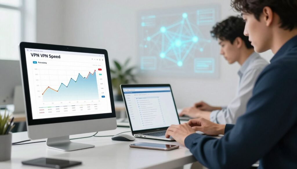 A sleek, modern digital workspace scene showcasing VPN speed and performance analysis. In the foreground, a high-resolution computer screen displays a colorful graph illustrating VPN speeds, with fluctuating lines and data points. A laptop sits beside it, open to a simplified protocol analysis interface. In the middle ground, a professional individual dressed in smart casual attire is analyzing these metrics, focused and intent. The background features soft-focus technology-themed decor, like abstract data visualizations and a glowing network map on the wall, creating a high-tech atmosphere. The lighting is bright and neutral, casting a polished, professional vibe. The overall mood is one of concentration and analytical clarity, emphasizing the importance of VPN performance evaluation.