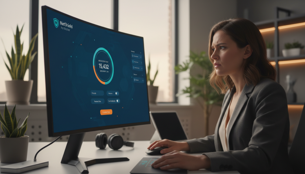 A sleek, modern digital workspace showcasing the "NetShield Ad Blocker" interface on a high-resolution computer screen. In the foreground, a close-up of the screen displays a user-friendly ad-blocking dashboard, featuring vibrant graphics and intuitive controls. In the middle, a professional business person in smart casual attire interacts with the screen, their focused expression reflecting concern for online privacy. The background reveals a softly lit office environment with minimalistic design, featuring plants and tech gadgets to convey a sense of modernity and tranquility. The lighting is warm and inviting, creating a calm atmosphere that emphasizes security. Capture the essence of digital protection and the advanced technology behind the NetShield Ad Blocker.