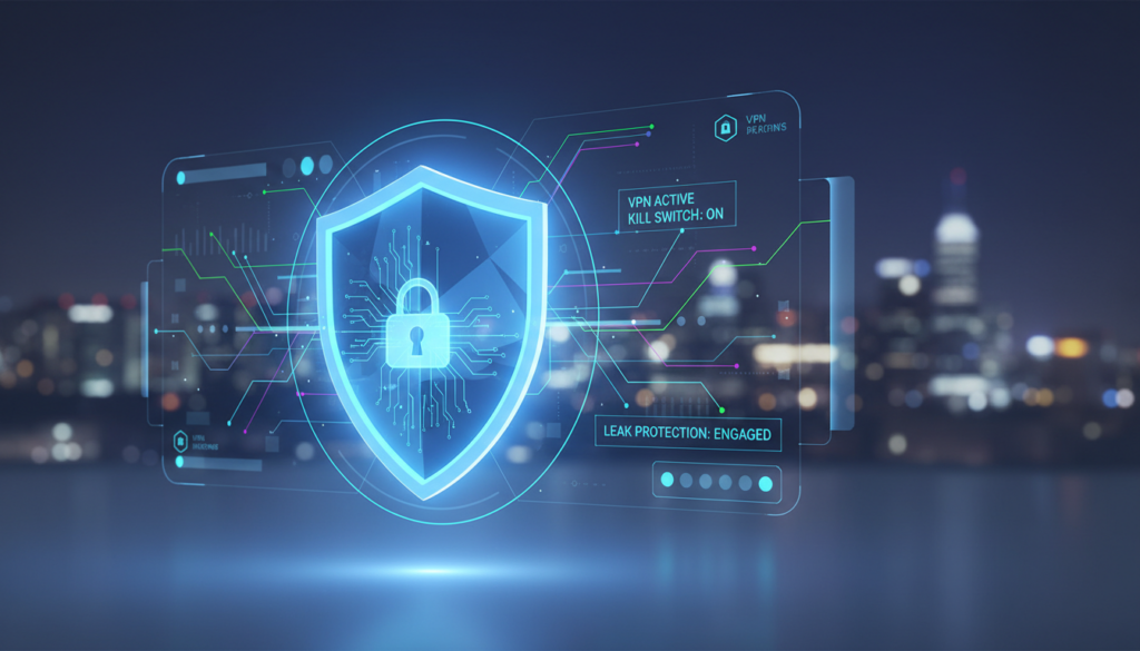 A sleek, modern illustration depicting a VPN kill switch and leak protection concept. In the foreground, a stylized, high-tech shield symbolizing security, glowing softly in a vibrant blue hue. The middle layer features a digital interface with visual elements representing data streams and security protocols, interconnected with lines and nodes, conveying complexity and protection. The background shows a blurred city skyline at night, illuminated by faint lights, enhancing the sense of privacy and cybersecurity. The overall atmosphere should feel futuristic and secure, with soft ambient lighting that creates a professional and reassuring mood. Use a wide-angle perspective to capture the depth of the scene, emphasizing the shield's importance in the fight for online safety.