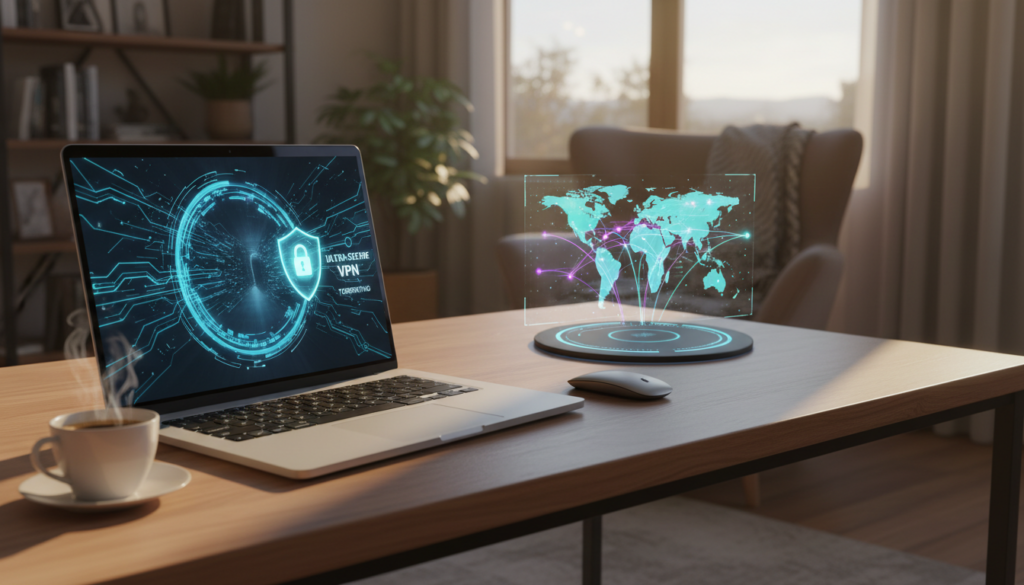 A sleek, modern laptop sits on a wooden desk in the foreground, surrounded by a cozy home office setting. The screen displays a vivid graphical representation of data packets moving seamlessly, symbolizing fast and secure torrenting through a VPN. In the middle ground, a digital network map is illuminated with glowing connections, representing encrypted data transfers. The background features a softly blurred view of a large window, allowing natural light to filter in and cast gentle shadows across the workspace. The atmosphere is focused and productive, evoking a sense of trust and security in digital privacy. The image is well-lit, using warm tones to create an inviting yet professional ambiance, shot from a slight angle to emphasize the laptop and its display.