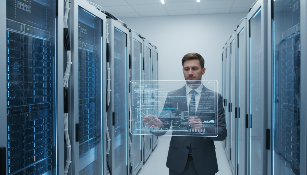 A sleek, modern server room filled with rows of advanced RAM-only servers, glowing softly with blue LED lights. In the foreground, a technician in a professional business attire is attentively monitoring data on a high-tech screen. The servers, meticulously arranged, showcase their minimalist design emphasizing efficiency and cutting-edge technology. In the middle ground, cables are neatly organized along the server racks, further highlighting the order and sophistication of the environment. The background features a gradient of soft white and cool blue lighting, creating a calm yet high-tech atmosphere. Shot from a slightly elevated angle, the image conveys a sense of professionalism and trust, perfect for illustrating advanced technology in the context of digital security.