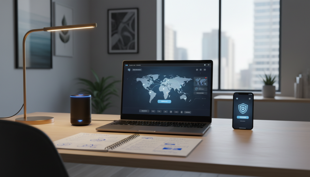 A sleek, modern workspace featuring a stylish laptop displaying a VPN app interface on the screen, surrounded by various optional extras like a portable Wi-Fi router, a smartphone with a VPN application, and an open notebook filled with notes on VPN features. In the foreground, the laptop is the focal point, reflecting a professional atmosphere with warm lighting emanating from a desk lamp. The middle ground includes the accessories scattered neatly, while the background shows a contemporary office environment with minimalistic decor and a large window allowing soft, natural light to filter in. The overall mood is focused and productive, evoking a sense of professionalism and modern technology.