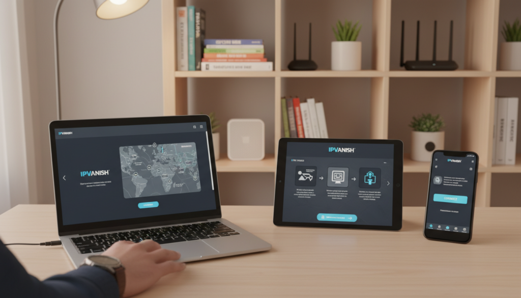 A sleek, modern workspace featuring various devices set up for the IPVanish VPN installation. In the foreground, a laptop is open, displaying the IPVanish app interface, with a user's hand interacting with the touchpad. Next to it, a smartphone shows the app's user-friendly dashboard. In the middle, a tablet rests on a minimalist desk, showcasing a step-by-step setup guide in a digital format. The background reveals a well-organized shelf with VPN-related books and tech gadgets. Soft, warm lighting enhances a professional atmosphere, with a focus on clarity and usability. The overall mood is one of simplicity and accessibility, inviting users to explore easy VPN integration. A sleek, modern workspace featuring various devices set up for the IPVanish VPN installation. In the foreground, a laptop is open, displaying the IPVanish app interface, with a user's hand interacting with the touchpad. Next to it, a smartphone shows the app's user-friendly dashboard. In the middle, a tablet rests on a minimalist desk, showcasing a step-by-step setup guide in a digital format. The background reveals a well-organized shelf with VPN-related books and tech gadgets. Soft, warm lighting enhances a professional atmosphere, with a focus on clarity and usability. The overall mood is one of simplicity and accessibility, inviting users to explore easy VPN integration.