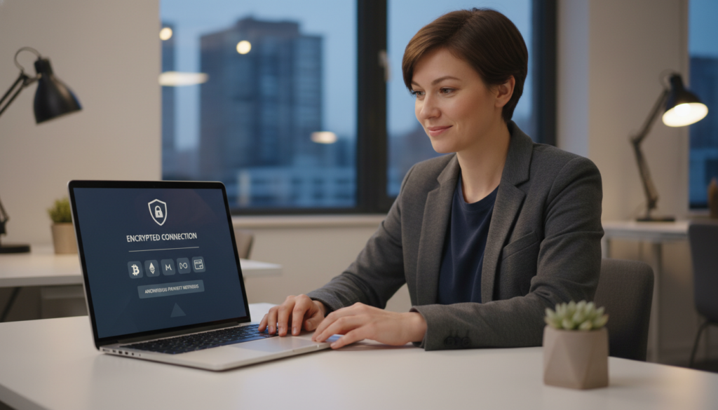 A sleek, modern workspace set up for anonymous VPN account creation. In the foreground, a laptop displays a user-friendly interface for account setup, showcasing an encryption symbol and options for payment anonymity, like cryptocurrency and gift cards. To the side, a small potted plant adds a touch of greenery. In the middle, a person dressed in smart casual attire is intently focused on the screen, their expression a mix of concentration and satisfaction, embodying a proactive approach to online privacy. The background reveals a minimalist office with soft, warm lighting that evokes a sense of security and professionalism. The angle captures the action from a slightly elevated perspective, providing depth and context to the scene's atmosphere.