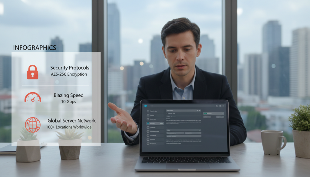 A sleek, modern workspace showcasing various features of a VPN service. In the foreground, a high-tech laptop displaying a user-friendly interface with an intuitive dashboard. To the left, a visually appealing infographic illustrating key features like security protocols, speed, and server locations. In the middle ground, a professional individual in business attire, intently analyzing the laptop screen with a focused expression, showcasing the practical use of the service. The background features a soft-focus city skyline through a large window, suggesting connectivity and global reach. Soft, natural lighting streams through the window, creating a warm and inviting atmosphere, with a slight blur effect for a more dynamic view. The overall mood conveys professionalism and technological advancement.