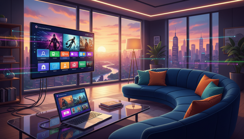 A vibrant digital illustration depicting a high-tech environment focused on streaming performance. In the foreground, a sleek laptop displays a vivid video streaming interface, showcasing vibrant visuals of diverse content such as movies and sports. The middle ground features a modern living room setting with a cozy sofa and smart TV connected to a streaming service. The background includes subtle hints of a city skyline through large windows, illuminated by soft evening light. The mood is dynamic and engaging, suggesting fast internet speeds and seamless browsing. Incorporate warm lighting for a welcoming atmosphere, using a slightly elevated angle to highlight the screen's brightness. The overall feel is one of comfort and advanced technology, suitable for an audience interested in digital streaming services.