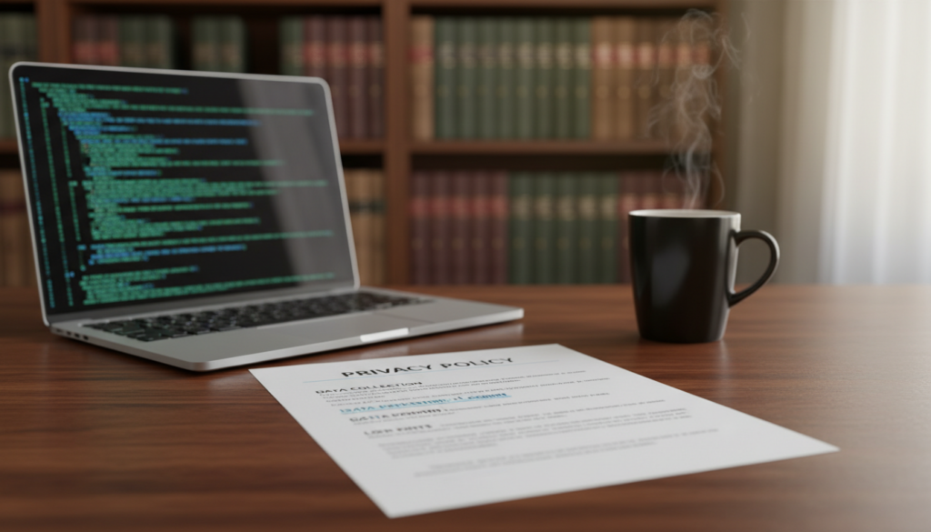 A visually striking composition depicting a privacy policy document on a stylish wooden desk, bathed in warm, inviting light. In the foreground, an open laptop shows a blurred screen with abstract digital codes, hinting at cybersecurity. The middle ground features a detailed, printed privacy policy document with key terms like "Data Retention" and "Logging" subtly highlighted. A sleek modern coffee mug rests beside it, adding a casual yet professional touch. In the background, a softly blurred bookshelf filled with legal books suggests knowledge and authority. The overall mood conveys professionalism and trust, with a focus on transparency in digital privacy. Use a shallow depth of field to enhance the document while keeping the surroundings softly focused.