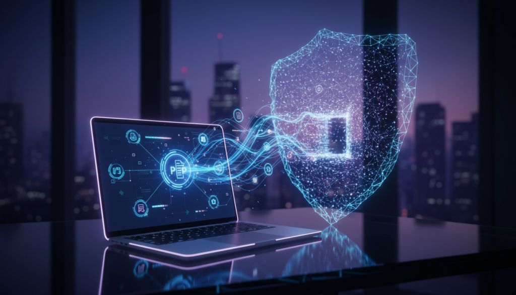 A visually striking depiction of a digital landscape representing torrenting with a VPN. In the foreground, a sleek laptop displays vibrant, animated P2P file transfer icons, suggesting active downloading. The middle ground features abstract digital streams and interconnected nodes, symbolizing secure data flow safeguarded by the VPN. The background shows a serene city skyline at dusk, illuminated with soft purple and blue hues, embodying a sense of privacy and security. Soft light emanates from the laptop, contrasting against the shadowy background, enhancing the mood of confidentiality. The overall atmosphere conveys a blend of technological advancement and safety, reflecting the essence of secure torrenting. A visually striking depiction of a digital landscape representing torrenting with a VPN. In the foreground, a sleek laptop displays vibrant, animated P2P file transfer icons, suggesting active downloading. The middle ground features abstract digital streams and interconnected nodes, symbolizing secure data flow safeguarded by the VPN. The background shows a serene city skyline at dusk, illuminated with soft purple and blue hues, embodying a sense of privacy and security. Soft light emanates from the laptop, contrasting against the shadowy background, enhancing the mood of confidentiality. The overall atmosphere conveys a blend of technological advancement and safety, reflecting the essence of secure torrenting.