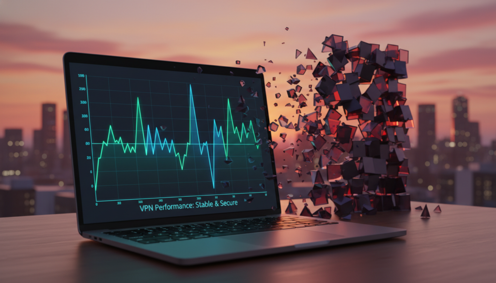 A visually striking image depicting a high-tech VPN performance analysis in the context of internet censorship. In the foreground, show a sleek laptop screen displaying a graph with fluctuating data points, illuminated with bright green and blue lines, symbolizing robust performance metrics. In the middle, include an abstract representation of a digital firewall with blurred, fragmented blocks representing censorship, conveying a sense of obstruction and challenge. In the background, integrate a panoramic view of an urban city skyline at dusk, infused with sunset hues to create a dramatic atmosphere. Soft, diffused lighting enhances the focus on the laptop while casting subtle shadows, emitting a mood of clarity and determination amidst the challenges of digital freedom.