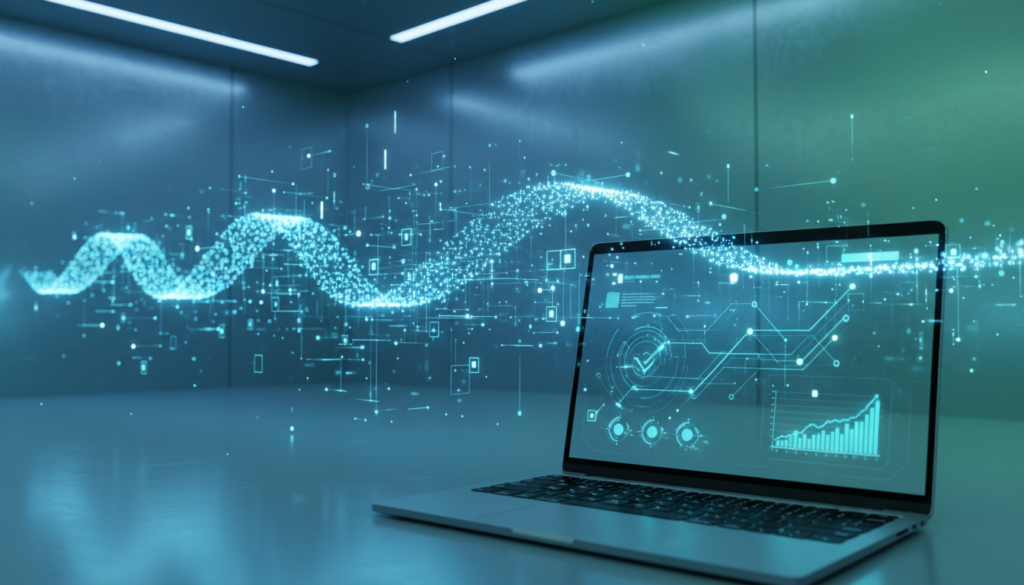 Visualize a sleek, modern digital workspace representing the "Lightway Protocol." In the foreground, a stylish laptop displays vibrant network diagrams and data flow graphs, symbolizing high-speed connectivity. In the middle, an abstract representation of a light beam smoothly travels through a maze of interconnected nodes, showcasing the protocol's efficiency and speed. The background features a gradient of blue and green tones, suggesting a sense of calm and professionalism, illuminated by soft ambient lighting that gives a futuristic ambiance. The composition uses a wide-angle perspective to emphasize depth. The mood conveys innovation and trust, perfect for expressing the cutting-edge technology behind Lightway Turbo, encapsulating speed, security, and modernity without any text or distractions.
