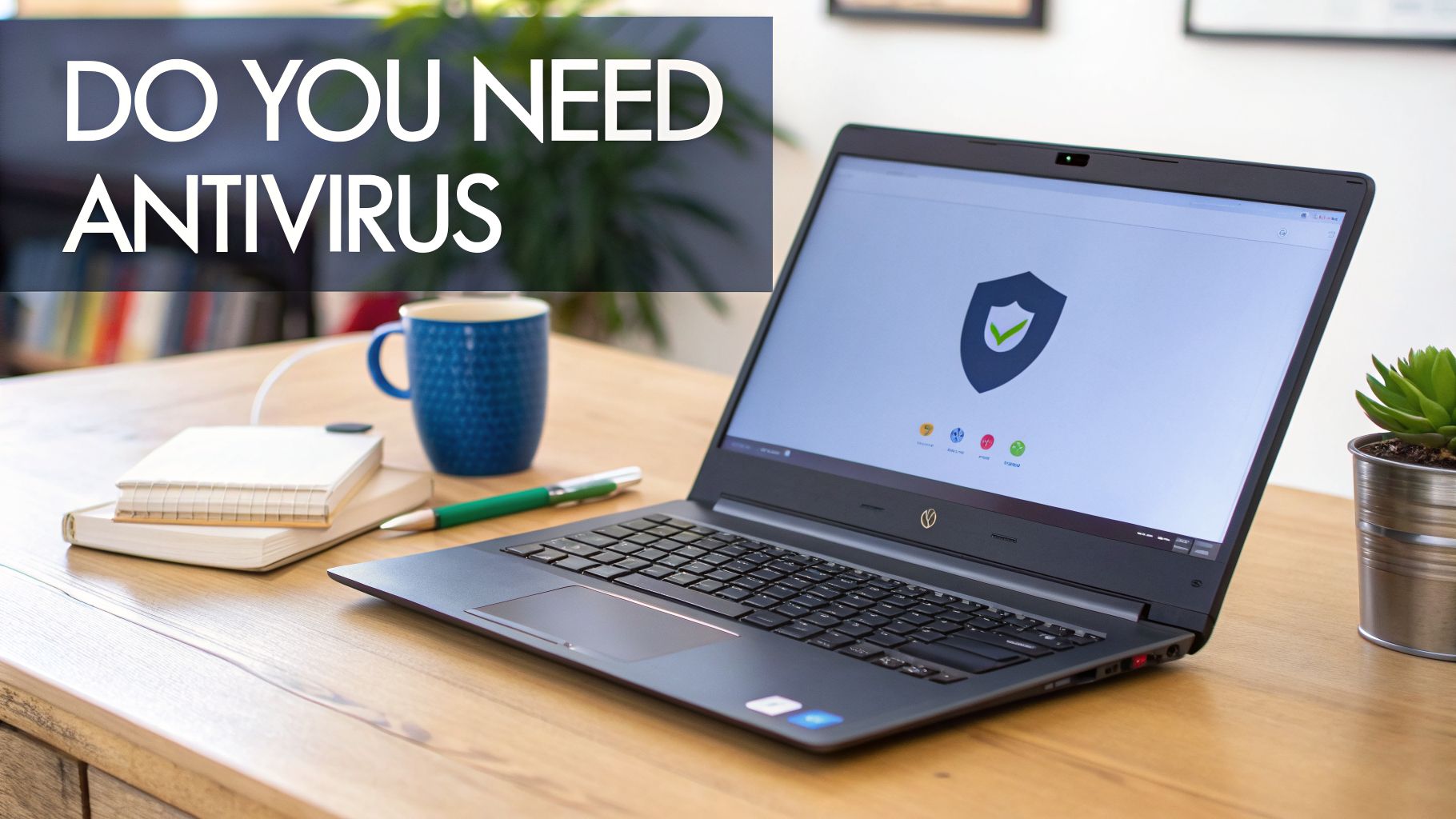 Laptop displaying an antivirus shield and the question 'DO YOU NEED ANTIVIRUS' on a wooden desk.