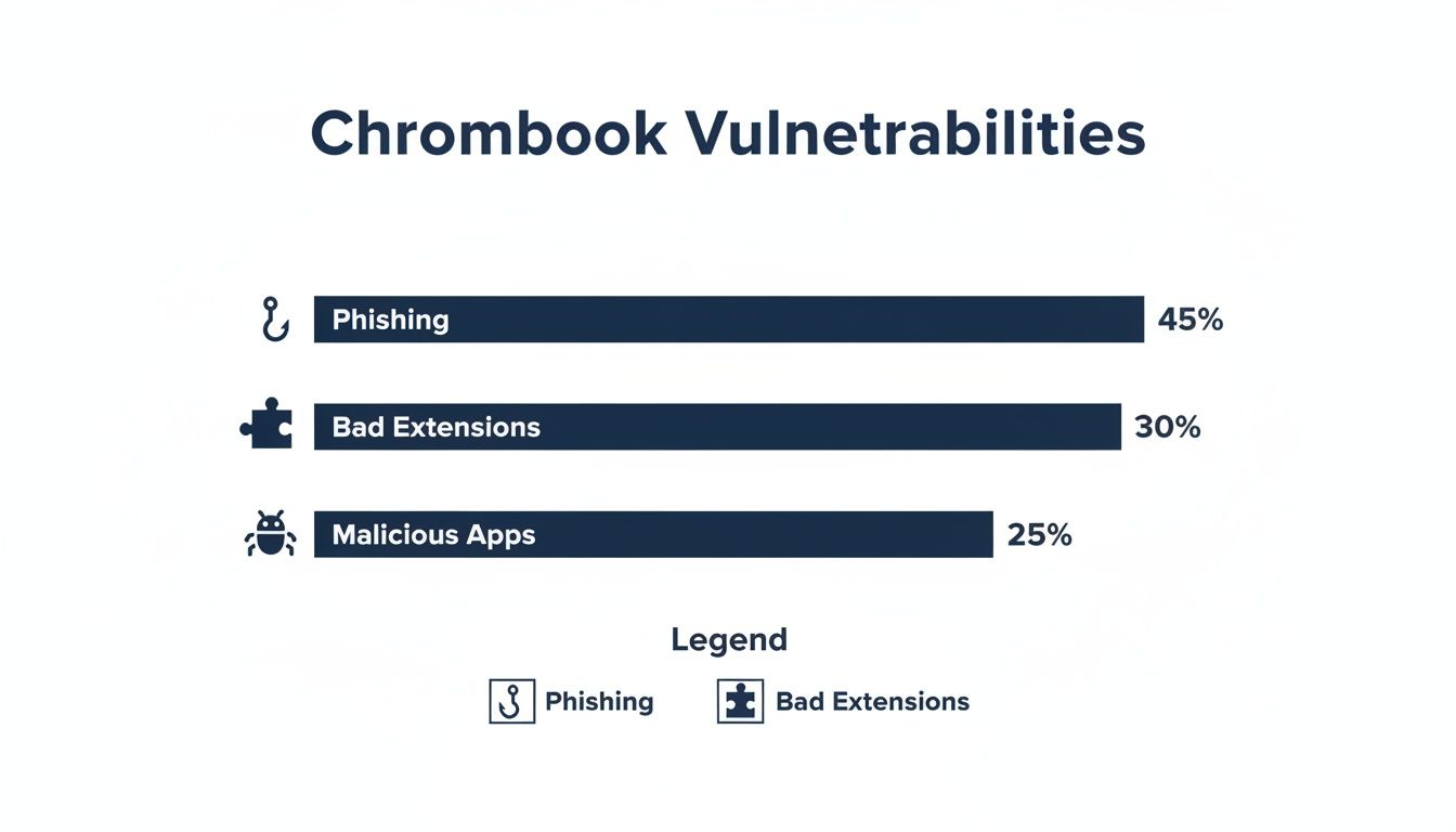 Bar chart illustrating Chromebook vulnerabilities: Phishing (45%), Bad Extensions (30%), and Malicious Apps (25%).