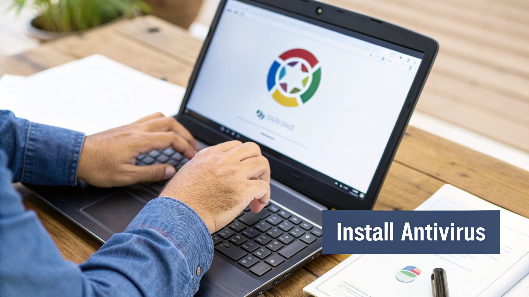 A person types on a laptop displaying a colorful logo and the text "Install Antivirus" overlay.