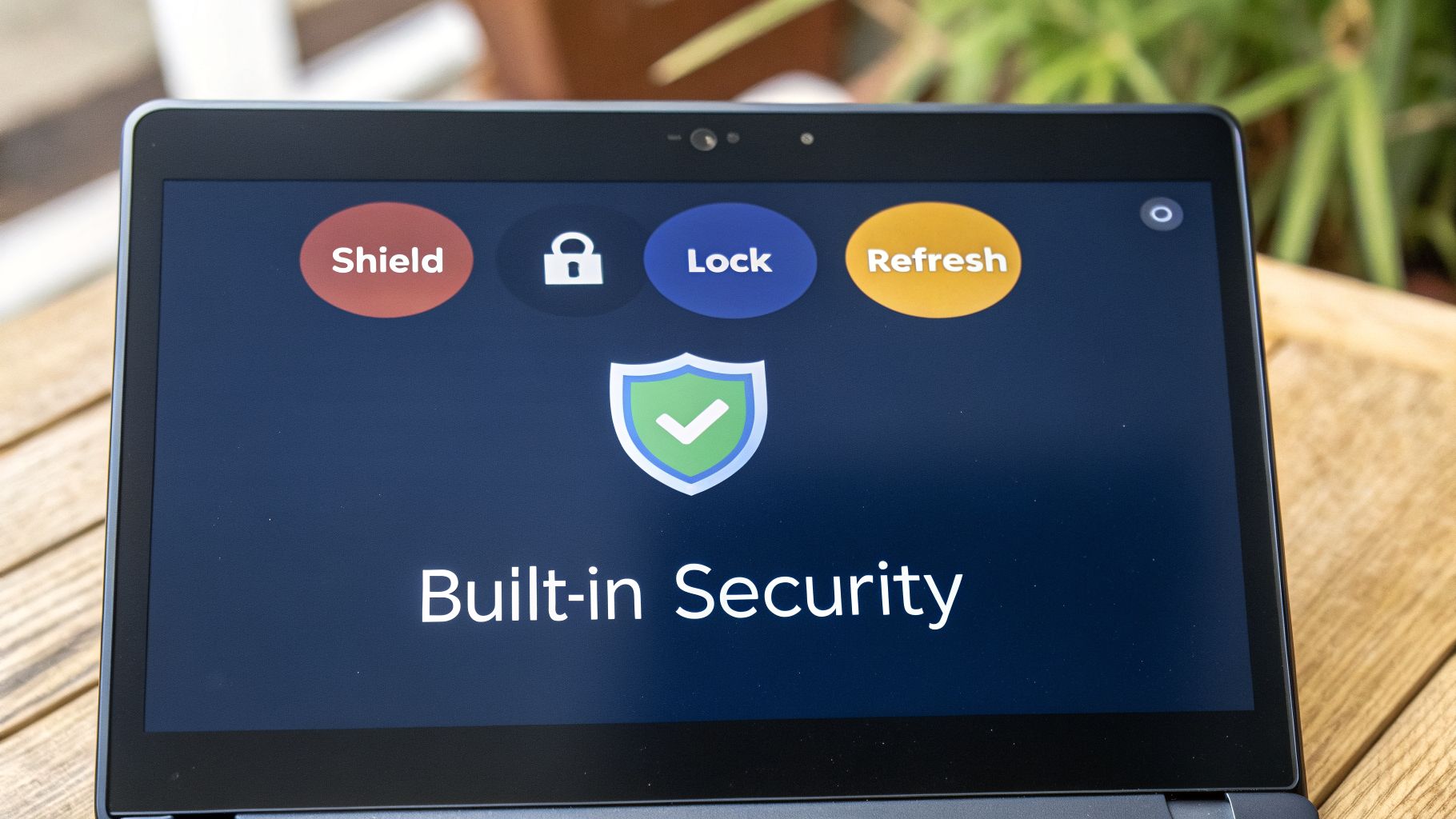 A laptop screen displays 'Built-in Security' with a shield icon and buttons for Shield, Lock, and Refresh.
